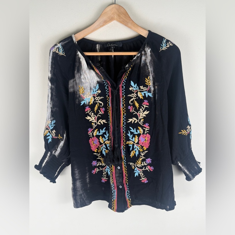 Calessa Black Tie Dye Colorful Embroidered Top Small 3/4‎ Sleeve Bohemian EUC